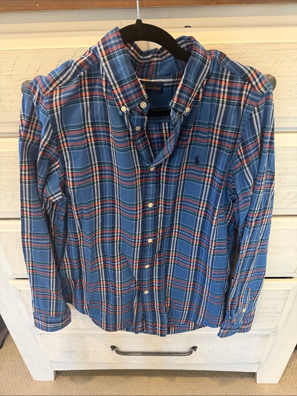 Ralph Lauren Blue Plaid Button-Down Shirt with Red & White Stripes
